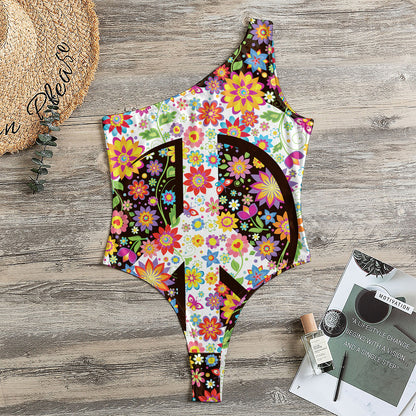 Hippie Flower Peace Sign Print One Shoulder Bodysuit