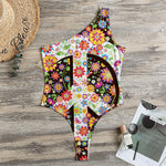 Hippie Flower Peace Sign Print One Shoulder Bodysuit