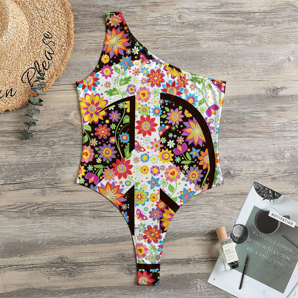 Hippie Flower Peace Sign Print One Shoulder Bodysuit