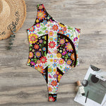 Hippie Flower Peace Sign Print One Shoulder Bodysuit