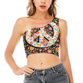 Hippie Flower Peace Sign Print One Shoulder Crop Top