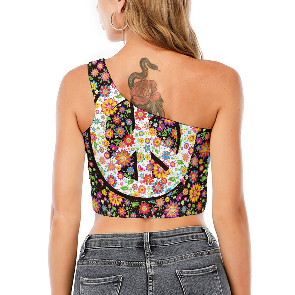Hippie Flower Peace Sign Print One Shoulder Crop Top