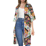 Hippie Flower Peace Sign Print Open Front Beach Cover Up