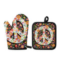 Hippie Flower Peace Sign Print Oven Mitt And Pot Holder Set