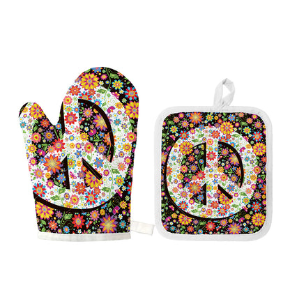 Hippie Flower Peace Sign Print Oven Mitt And Pot Holder Set
