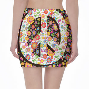 Hippie Flower Peace Sign Print Pencil Mini Skirt