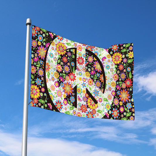Hippie Flower Peace Sign Print Polyester Flag