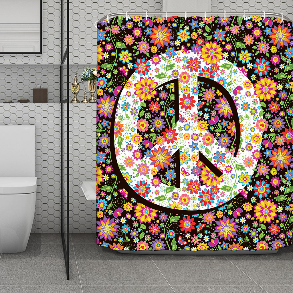 Hippie Flower Peace Sign Print Polyester Shower Curtain