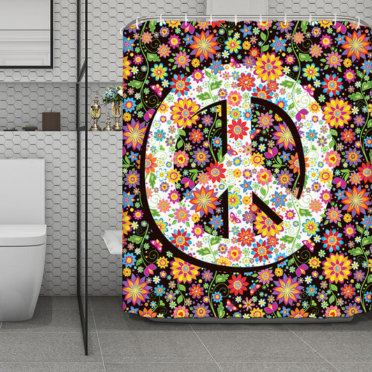 Hippie Flower Peace Sign Print Polyester Shower Curtain