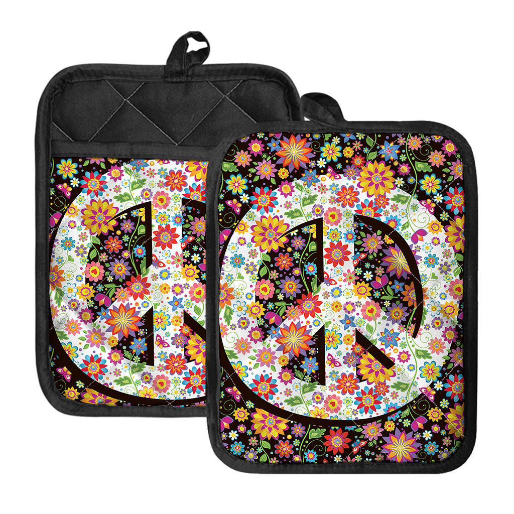 Hippie Flower Peace Sign Print Pot Holders With Pocket