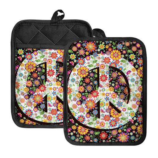 Hippie Flower Peace Sign Print Pot Holders With Pocket