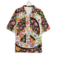 Hippie Flower Peace Sign Print Rayon Hawaiian Shirt