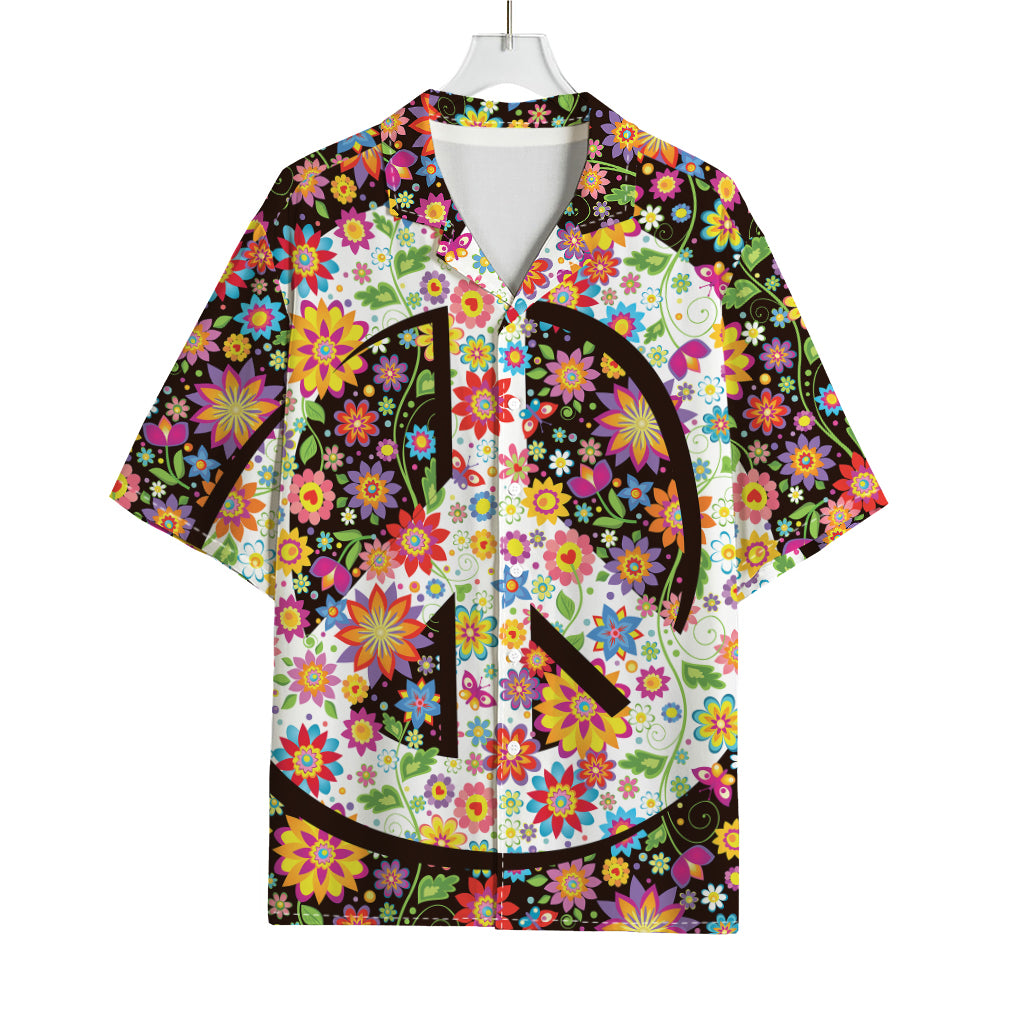 Hippie Flower Peace Sign Print Rayon Hawaiian Shirt
