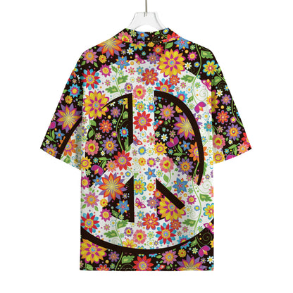 Hippie Flower Peace Sign Print Rayon Hawaiian Shirt