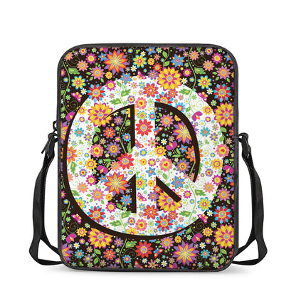 Hippie Flower Peace Sign Print Rectangular Crossbody Bag