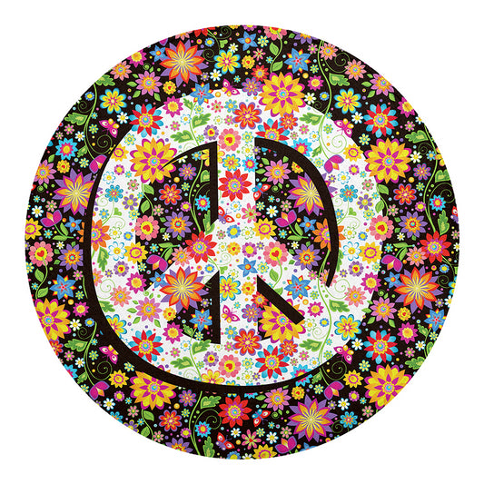 Hippie Flower Peace Sign Print Round Blanket