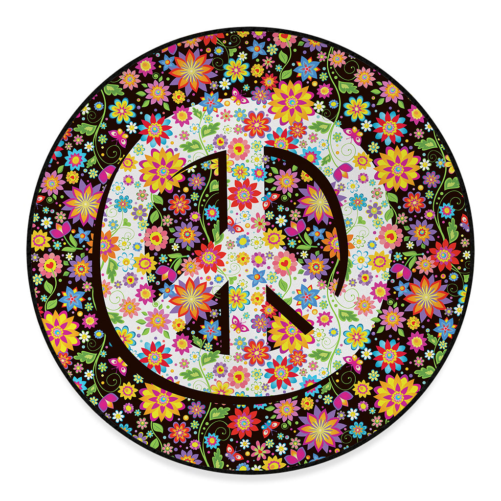 Hippie Flower Peace Sign Print Round Floor Mat