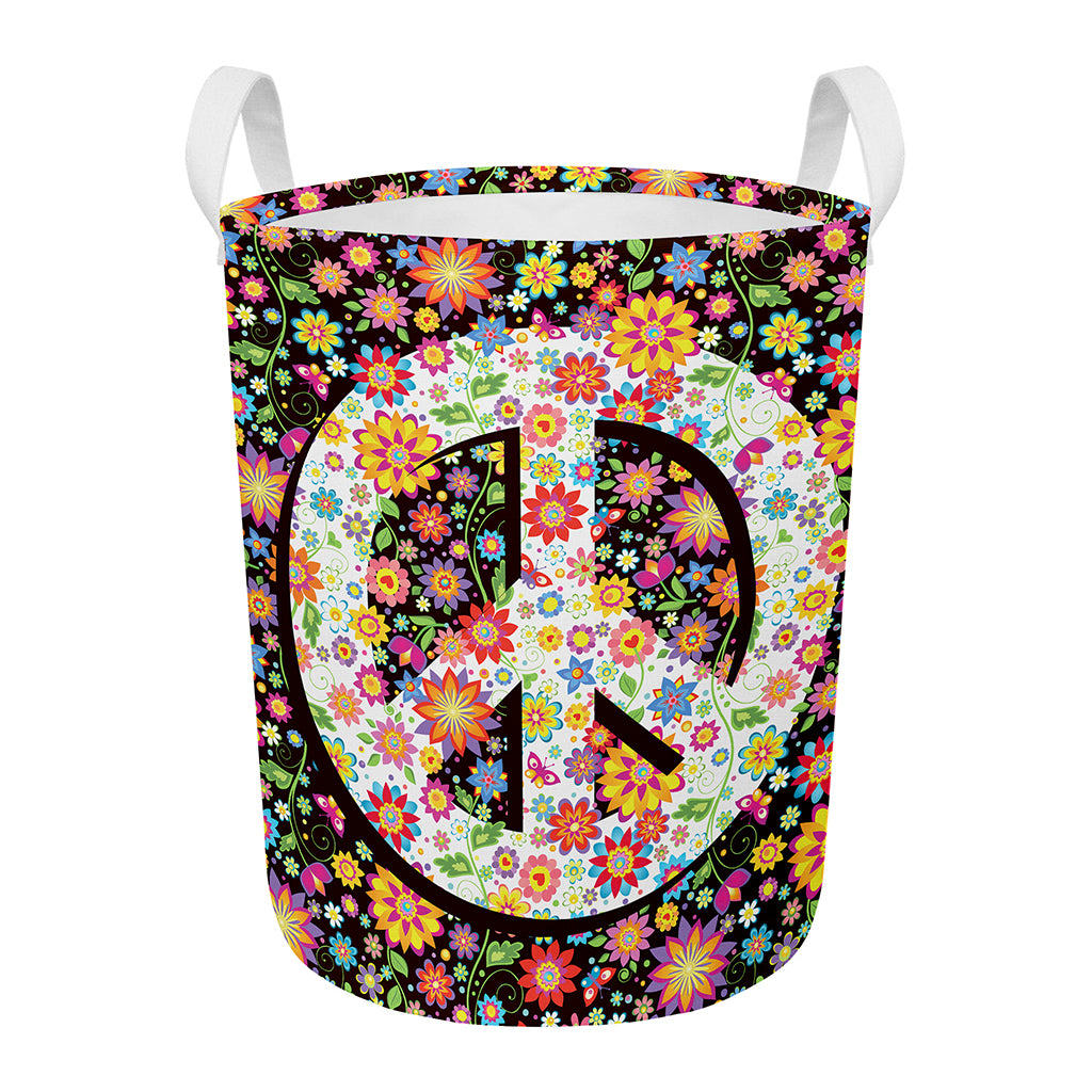 Hippie Flower Peace Sign Print Round Laundry Basket