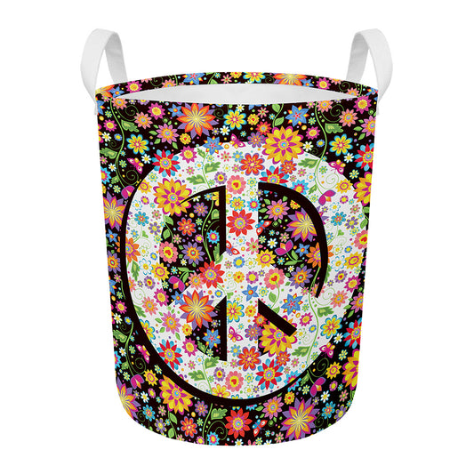 Hippie Flower Peace Sign Print Round Laundry Basket