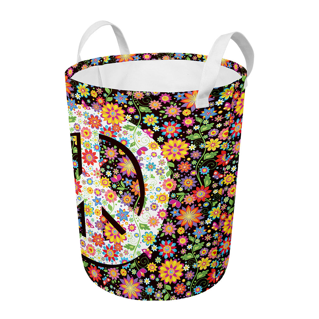 Hippie Flower Peace Sign Print Round Laundry Basket