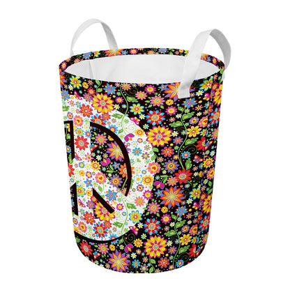 Hippie Flower Peace Sign Print Round Laundry Basket