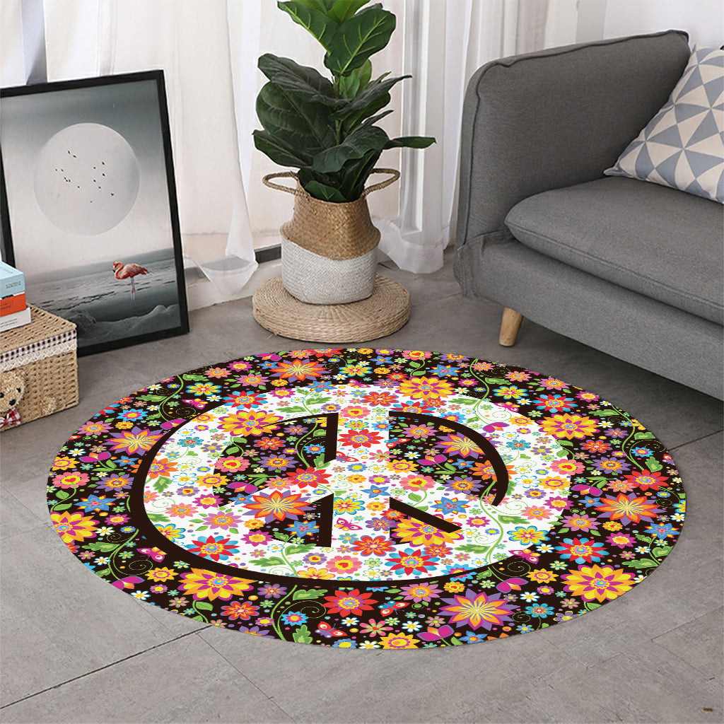 Hippie Flower Peace Sign Print Round Rug