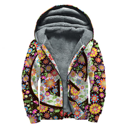 Hippie Flower Peace Sign Print Sherpa Lined Zip Up Hoodie
