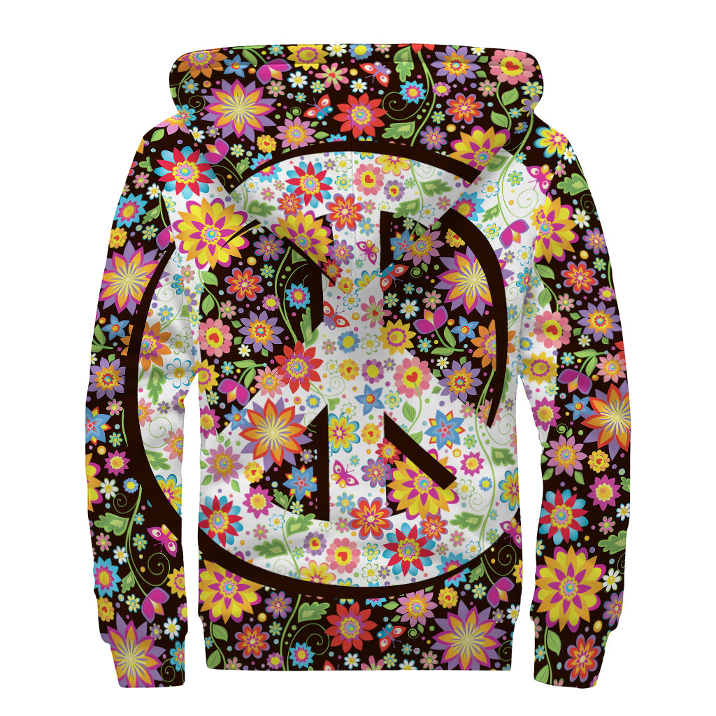Hippie Flower Peace Sign Print Sherpa Lined Zip Up Hoodie