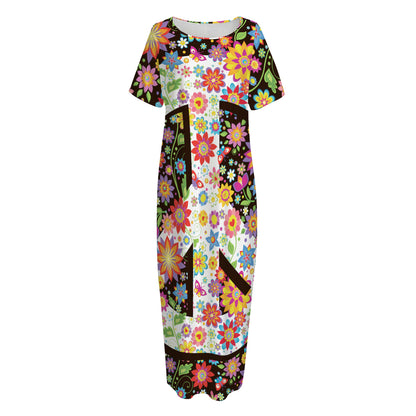 Hippie Flower Peace Sign Print Short Sleeve Long Nightdress