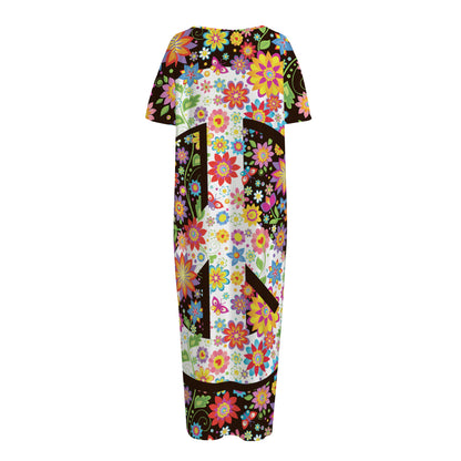 Hippie Flower Peace Sign Print Short Sleeve Long Nightdress
