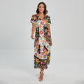 Hippie Flower Peace Sign Print Short Sleeve Maxi Dress