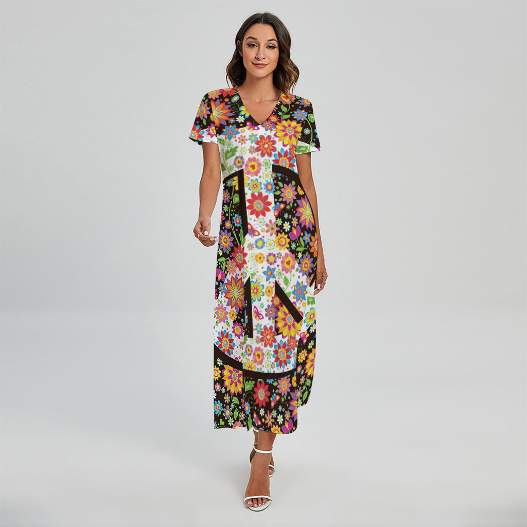 Hippie Flower Peace Sign Print Short Sleeve Maxi Dress