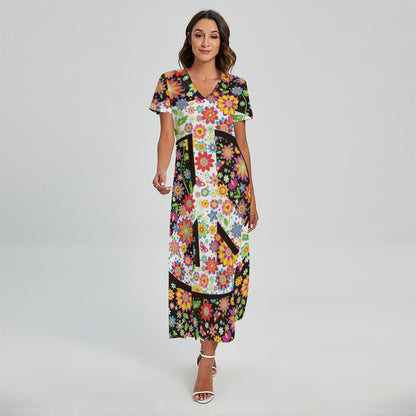 Hippie Flower Peace Sign Print Short Sleeve Maxi Dress