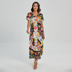 Hippie Flower Peace Sign Print Short Sleeve Maxi Dress