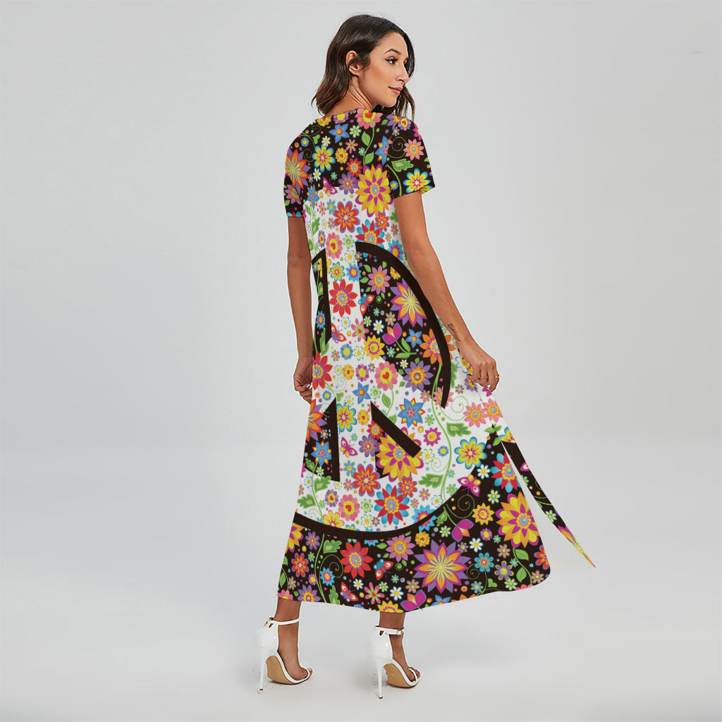 Hippie Flower Peace Sign Print Short Sleeve Maxi Dress