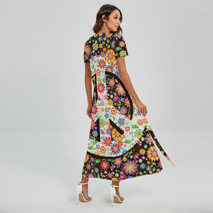 Hippie Flower Peace Sign Print Short Sleeve Maxi Dress