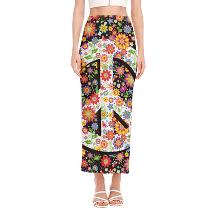 Hippie Flower Peace Sign Print Side Slit Maxi Skirt