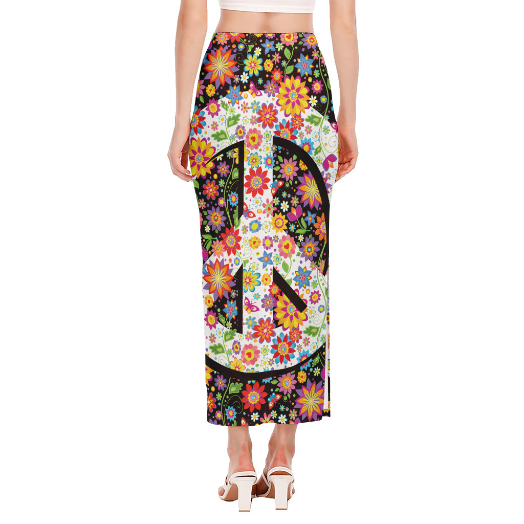 Hippie Flower Peace Sign Print Side Slit Maxi Skirt