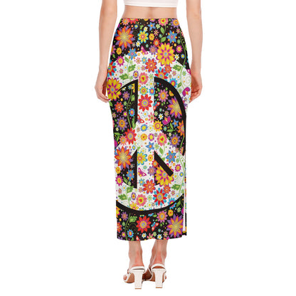 Hippie Flower Peace Sign Print Side Slit Maxi Skirt