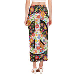 Hippie Flower Peace Sign Print Side Slit Maxi Skirt