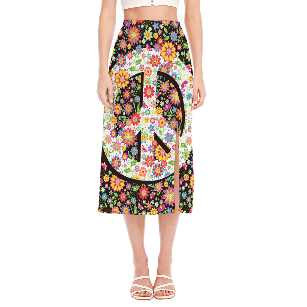 Hippie Flower Peace Sign Print Side Slit Midi Skirt