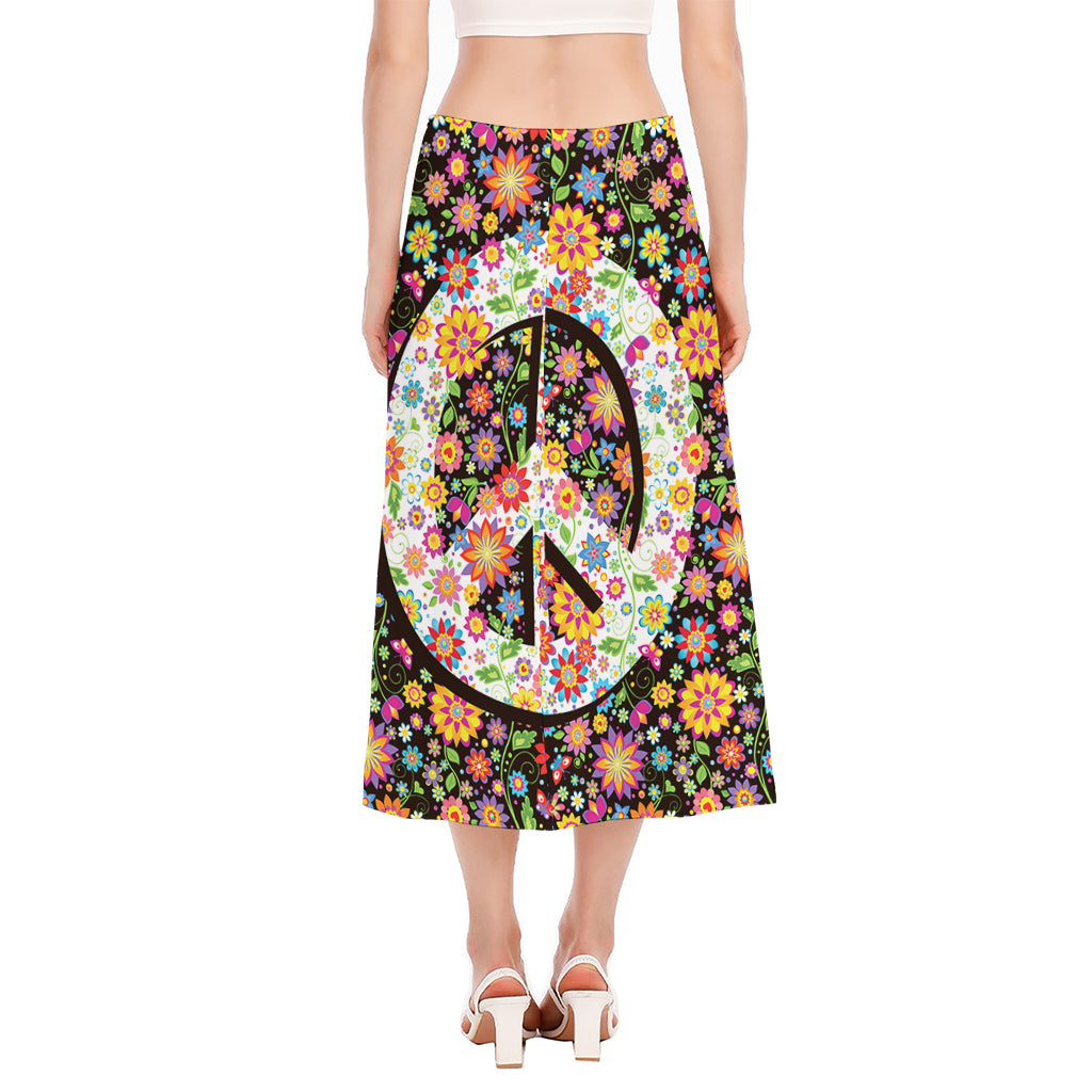 Hippie Flower Peace Sign Print Side Slit Midi Skirt