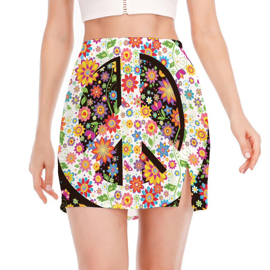 Hippie Flower Peace Sign Print Side Slit Mini Skirt