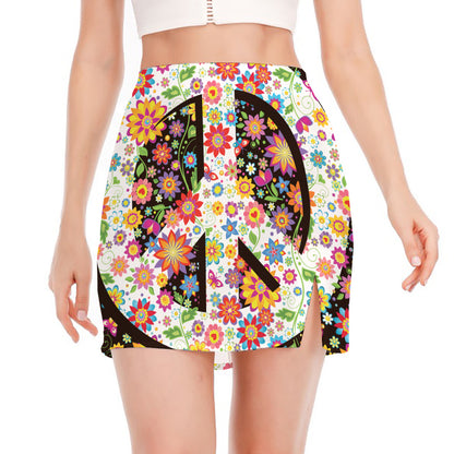 Hippie Flower Peace Sign Print Side Slit Mini Skirt