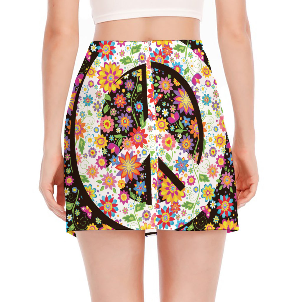 Hippie Flower Peace Sign Print Side Slit Mini Skirt