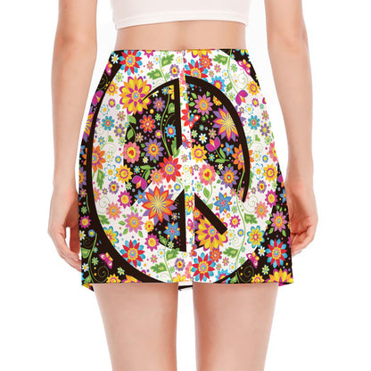 Hippie Flower Peace Sign Print Side Slit Mini Skirt