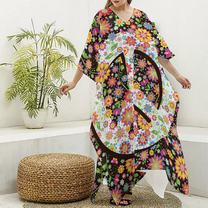 Hippie Flower Peace Sign Print Silk V-Neck Kaftan Dress