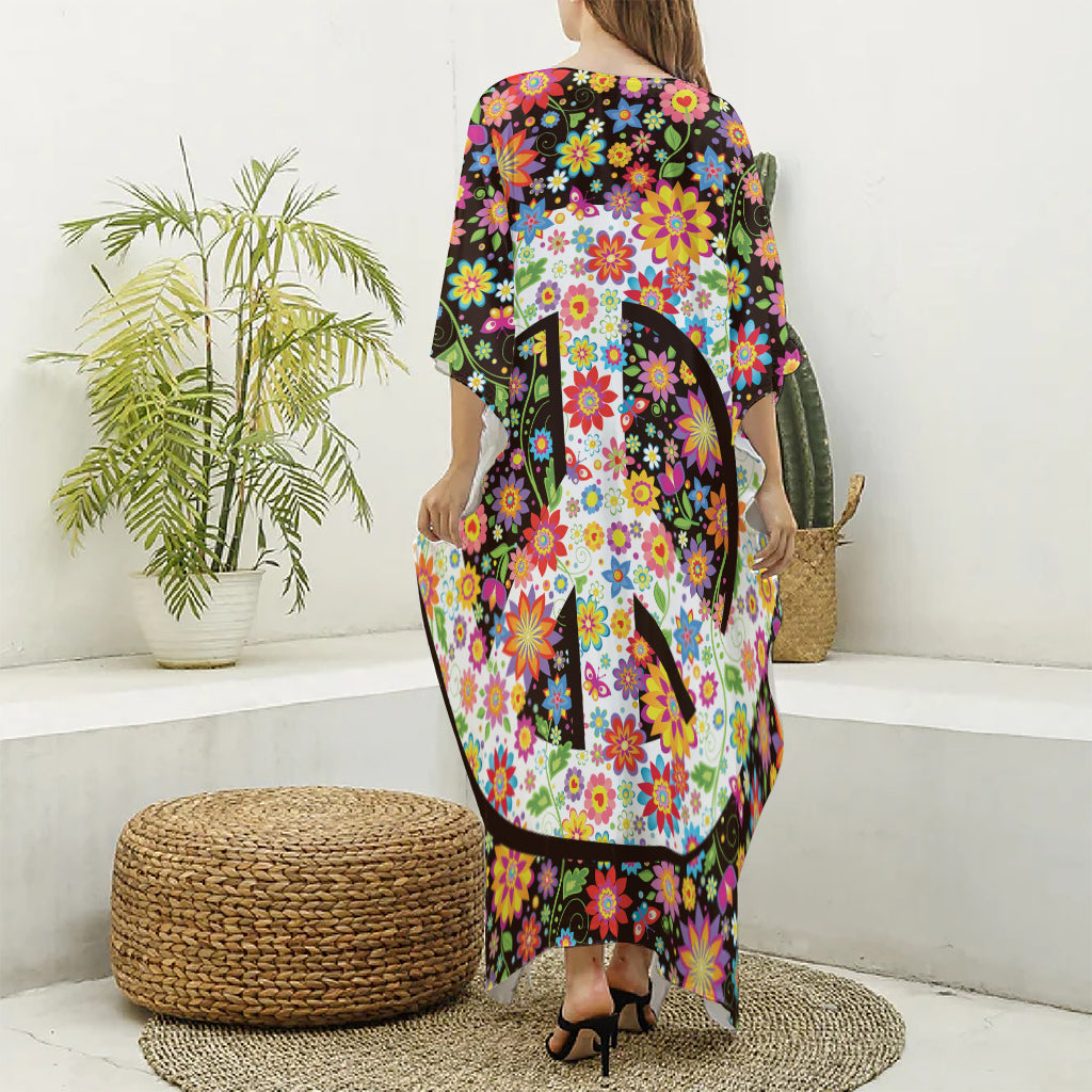 Hippie Flower Peace Sign Print Silk V-Neck Kaftan Dress