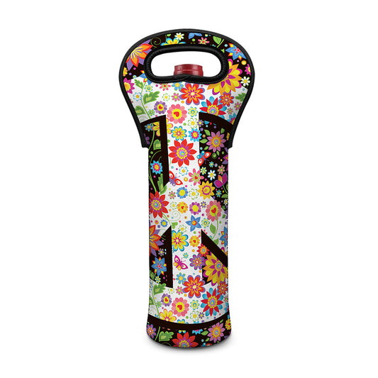 Hippie Flower Peace Sign Print Single Neoprene Wine Tote