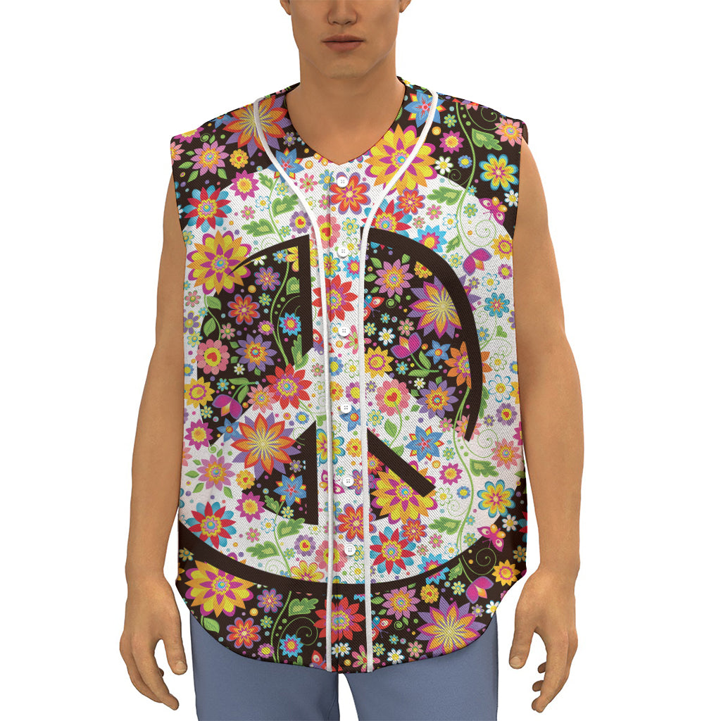 Hippie Flower Peace Sign Print Sleeveless Baseball Jersey